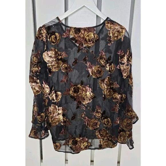 Karen Kane Sheer Velvet Burnout Top Black Rose Flutter Sleeve Whimsigoth Small - Picture 2 of 10
